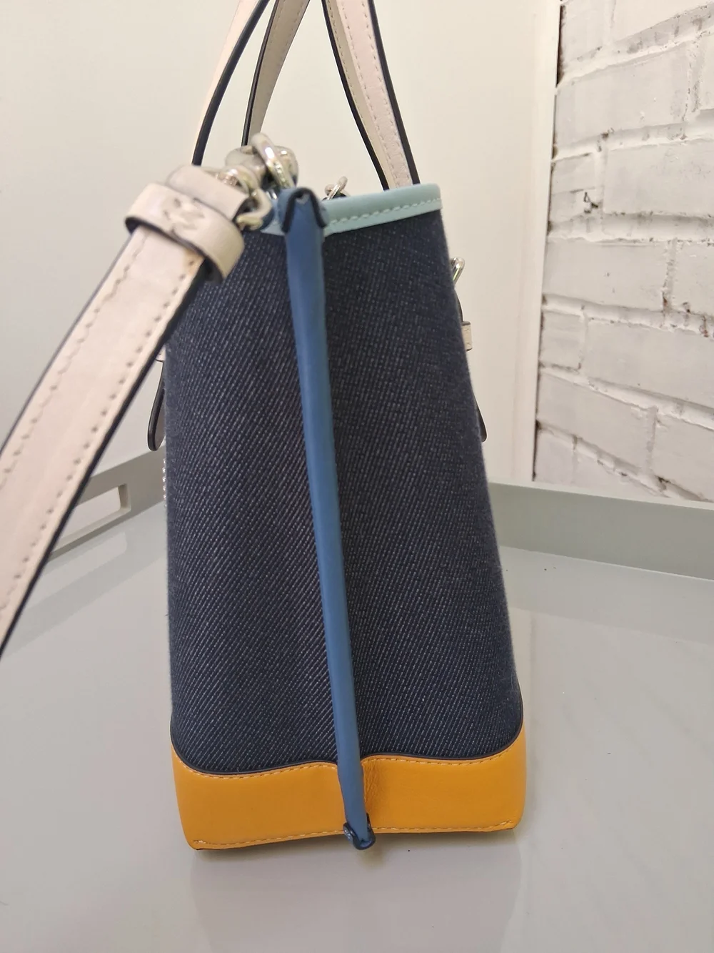 Authentic Coach Mollie Denim Color block Tote - Navy, Yellow & Light Blue